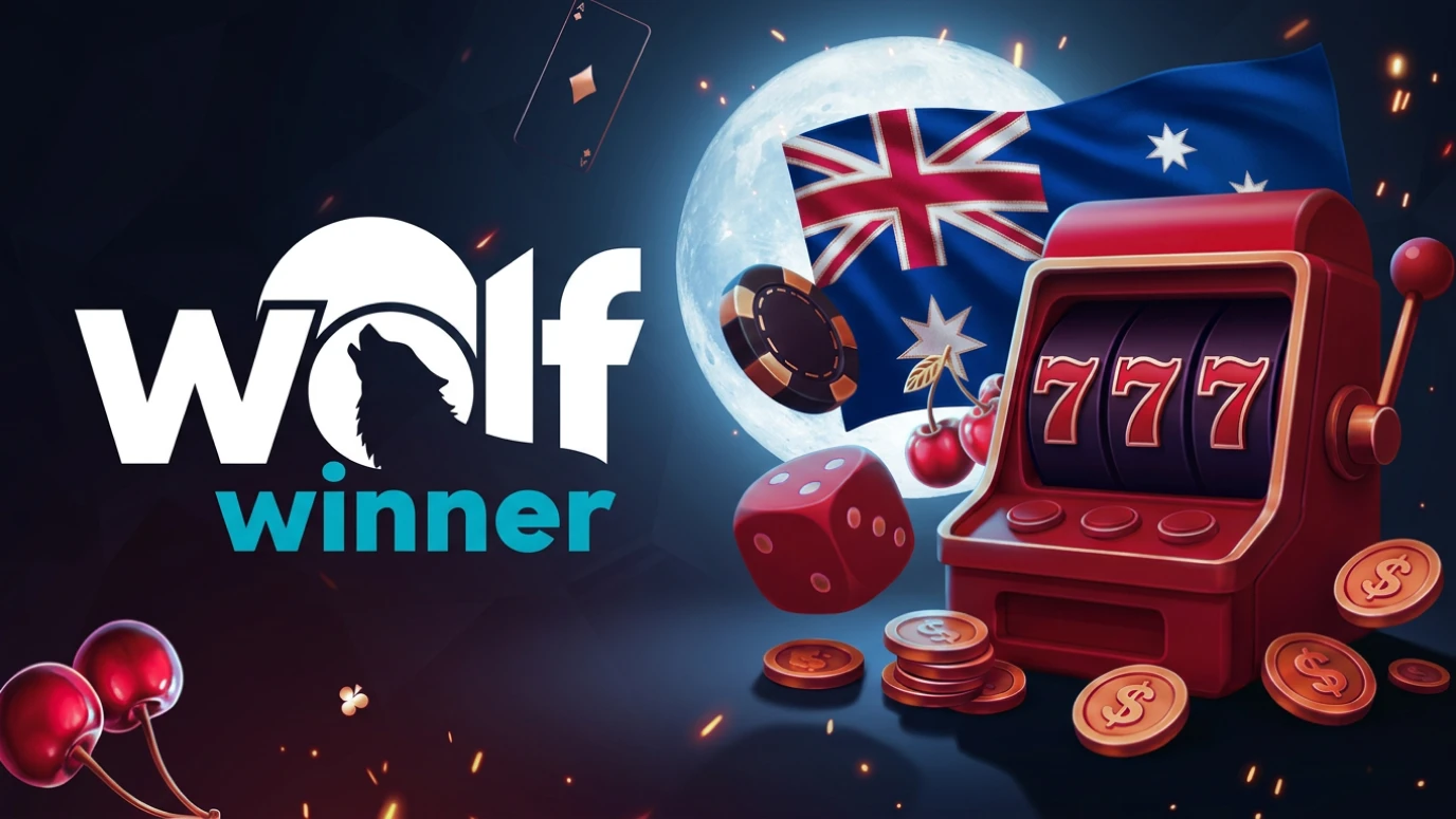 Wolf Winner casino Australia with classic slot machine and AU flag