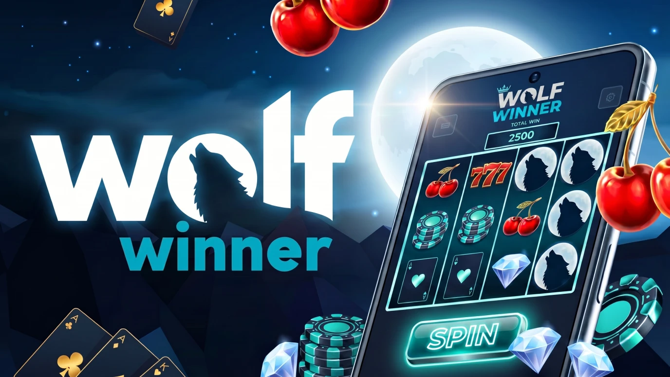 Wolf Winner casino main visual with mobile slot screen